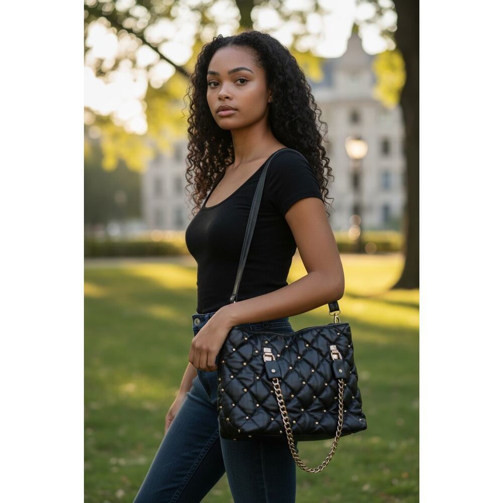 Mod Black Quilted Gold Studs Large Shopping Travel Bag